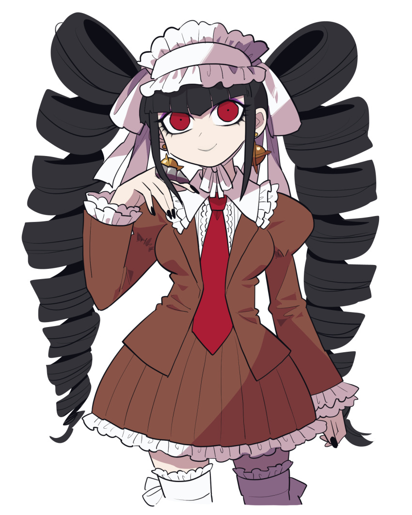 1girl alternate_costume bangs black_hair black_nails bonnet breasts brown_jacket brown_skirt celestia_ludenberg claw_ring commentary_request cowboy_shot danganronpa:_trigger_happy_havoc danganronpa_(series) drill_hair earrings frilled_skirt frills furukawa_(yomawari) gothic_lolita hand_up highres jacket jewelry juliet_sleeves large_breasts lolita_fashion long_hair long_sleeves looking_at_viewer nail_polish necktie pleated_skirt puffy_sleeves red_eyes red_necktie simple_background skirt smile solo thigh-highs twin_drills twintails white_background white_legwear zettai_ryouiki