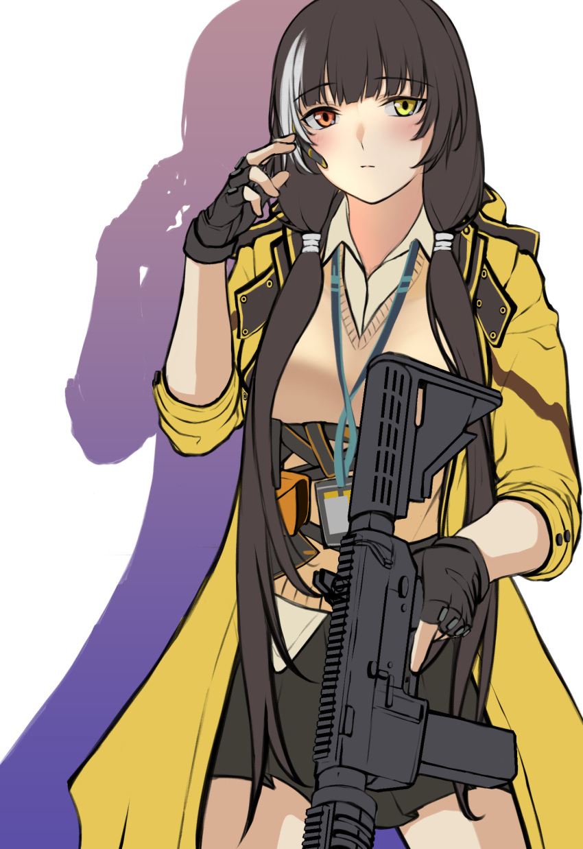 1girl 3_small_spiders bangs black_gloves black_hair black_skirt blush brown_vest closed_mouth eyebrows_visible_through_hair feet_out_of_frame fingerless_gloves girls_frontline gloves gun hand_up headphones heterochromia highres holding holding_gun holding_weapon jacket long_hair looking_at_viewer multicolored_hair open_clothes open_jacket red_eyes ro635 ro635_(girls'_frontline) shadow skirt solo standing vest weapon white_background yellow_eyes yellow_jacket