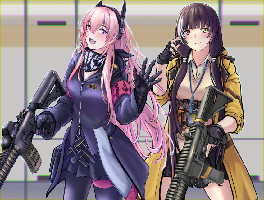 2girls 3_small_spiders black_gloves black_jacket black_legwear black_scarf black_skirt blush breasts brown_hair brown_vest closed_mouth eyebrows_visible_through_hair feet_out_of_frame fingerless_gloves girls_frontline gloves gun hair_ornament hairclip hand_up headphones heterochromia highres holding holding_gun holding_weapon jacket long_hair looking_at_viewer m4_sopmod_ii m4_sopmod_ii_(girls'_frontline) multicolored_hair multiple_girls open_clothes open_jacket open_mouth pantyhose pink_eyes pink_hair red_eyes ro635 ro635_(girls'_frontline) scarf shirt simple_background skirt smile standing vest weapon white_shirt yellow_eyes yellow_jacket