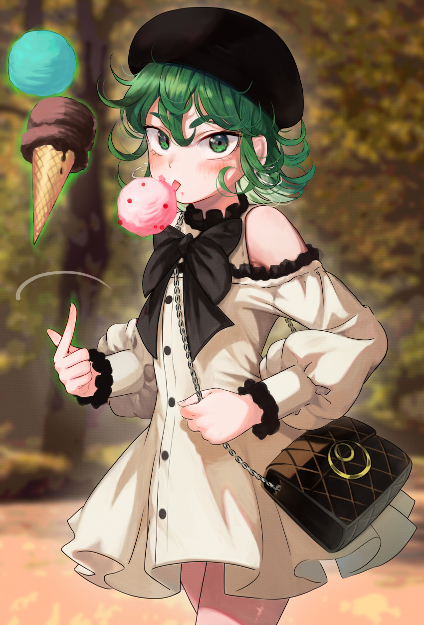 1girl absurdres bag beret black_bow black_bowtie black_headwear bow bowtie clothing_cutout commentary_request curly_hair dress eyebrows_visible_through_hair floating food green_eyes green_hair hair_between_eyes hat highres ice_cream licking looking_at_viewer one-punch_man outdoors revision short_hair shoulder_cutout solo tatsumaki thighs torriet white_dress