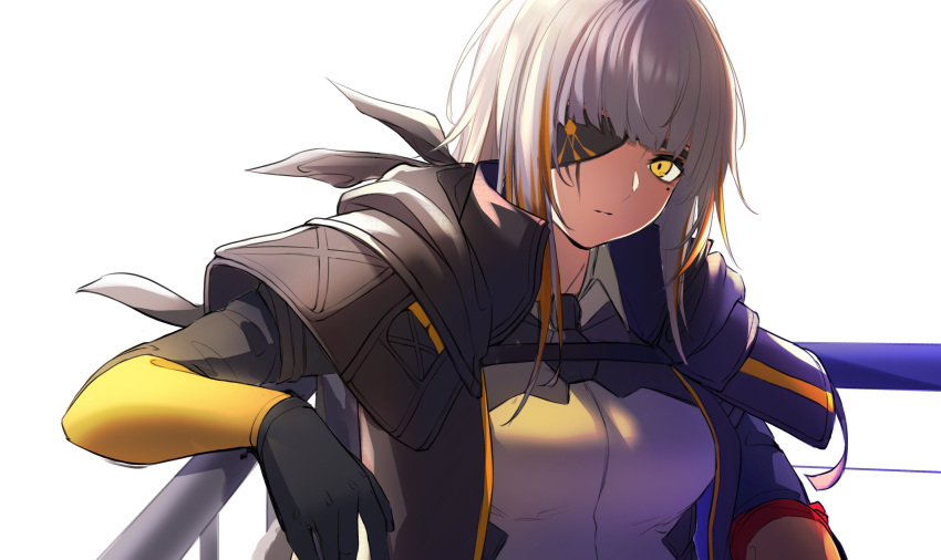1girl 3_small_spiders absurdres black_gloves black_jacket breasts closed_mouth eyebrows_visible_through_hair eyepatch girls_frontline gloves highres jacket long_hair looking_at_viewer m16a1_(boss)_(girls'_frontline) m16a1_(girls'_frontline) medium_breasts mole mole_under_eye multicolored_hair open_clothes open_jacket shirt solo_focus upper_body white_background white_hair white_shirt yellow_eyes