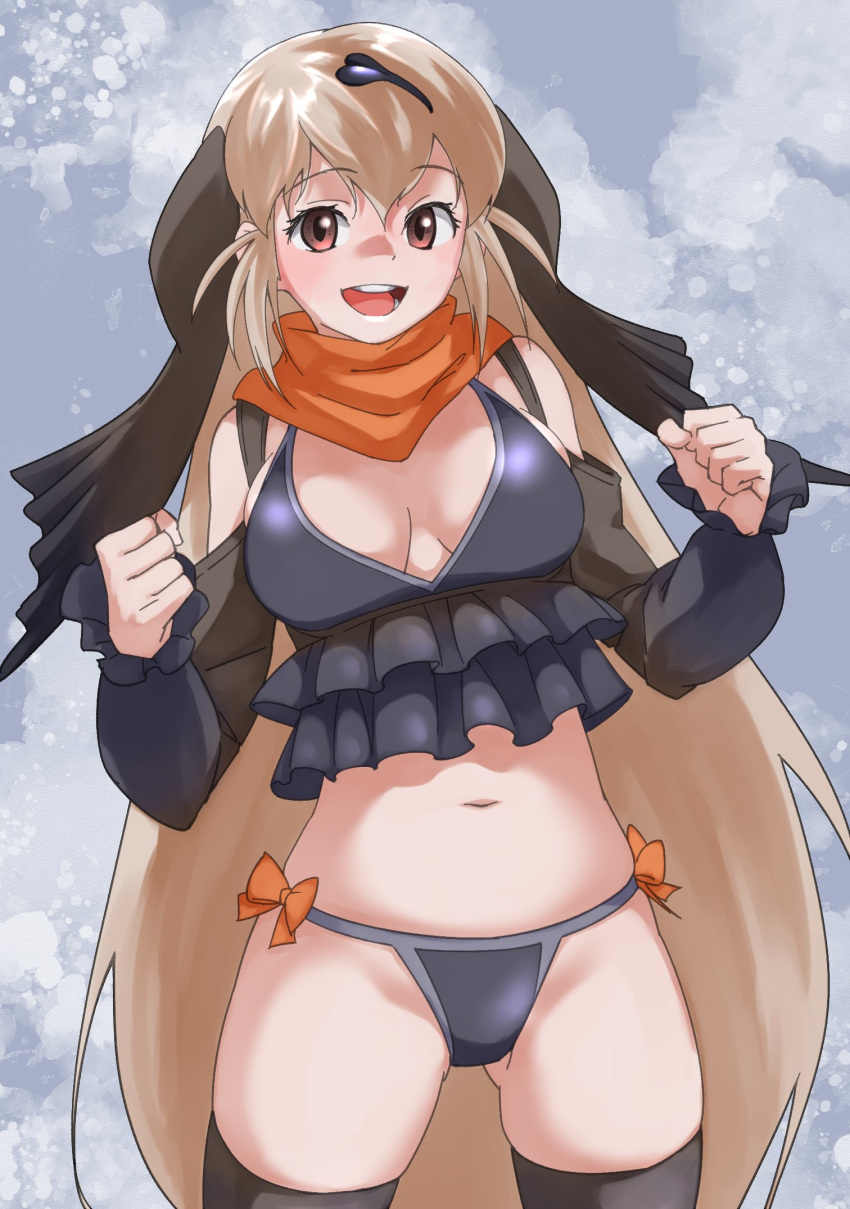 1girl :d bangs black_legwear blonde_hair breasts brown_eyes clenched_teeth commentary cowboy_shot dodo_(kemono_friends) eyebrows_visible_through_hair highres kemono_friends large_breasts long_hair looking_at_viewer navel smile solo stomach tanabe_(fueisei) teeth thigh-highs very_long_hair