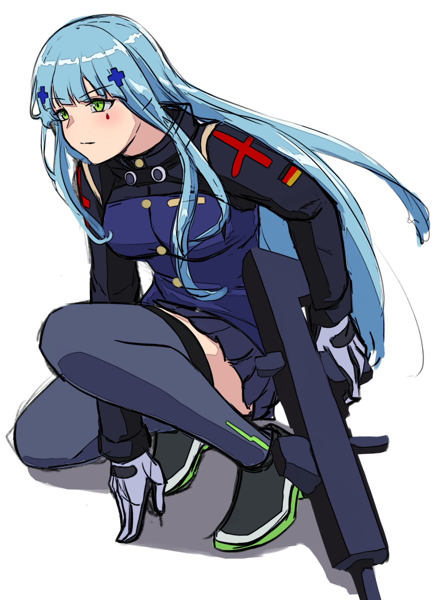 1girl 3_small_spiders absurdres assault_rifle bangs black_legwear blue_hair blue_skirt breasts closed_mouth crossed_bangs eyebrows_visible_through_hair full_body german_flag girls_frontline gloves green_eyes gun h&amp;k_hk416 hand_on_floor highres hk416_(girls'_frontline) holding holding_gun holding_weapon long_hair looking_away rifle shoes sitting skirt solo tactical_clothes teardrop_facial_mark teardrop_tattoo thigh-highs uniform weapon white_background white_gloves