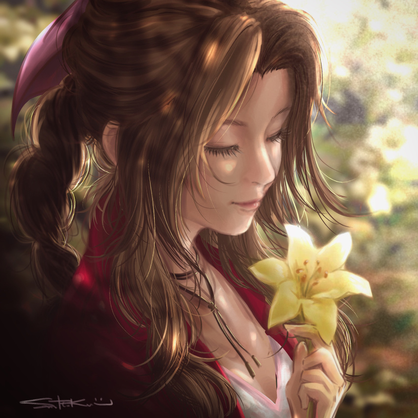 1girl aerith_gainsborough bow brown_hair choker closed_eyes closed_mouth dappled_sunlight eyelashes final_fantasy final_fantasy_vii flower hair_bow hair_intakes highres holding holding_flower kirin_13 long_hair pink_bow ribbon_choker signature smile solo sunlight upper_body yellow_flower