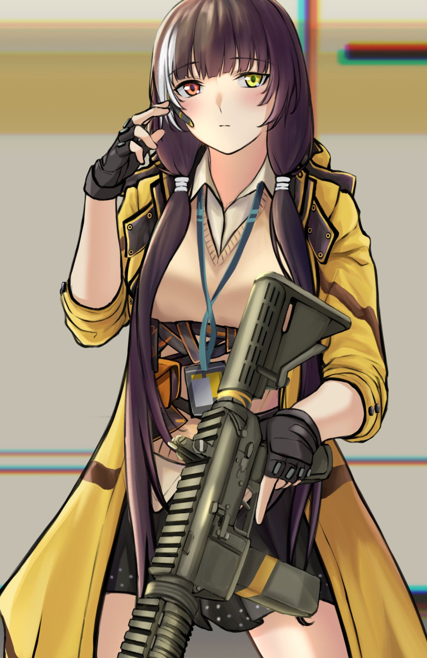 1girl 3_small_spiders black_gloves black_skirt blush breasts brown_hair brown_vest closed_mouth eyebrows_visible_through_hair feet_out_of_frame fingerless_gloves girls_frontline gloves gun hair_ornament hairclip hand_up headphones heterochromia highres holding holding_gun holding_weapon jacket long_hair looking_at_viewer multicolored_hair open_clothes open_jacket red_eyes ro635 ro635_(girls'_frontline) shirt simple_background skirt solo standing vest weapon white_shirt yellow_eyes yellow_jacket