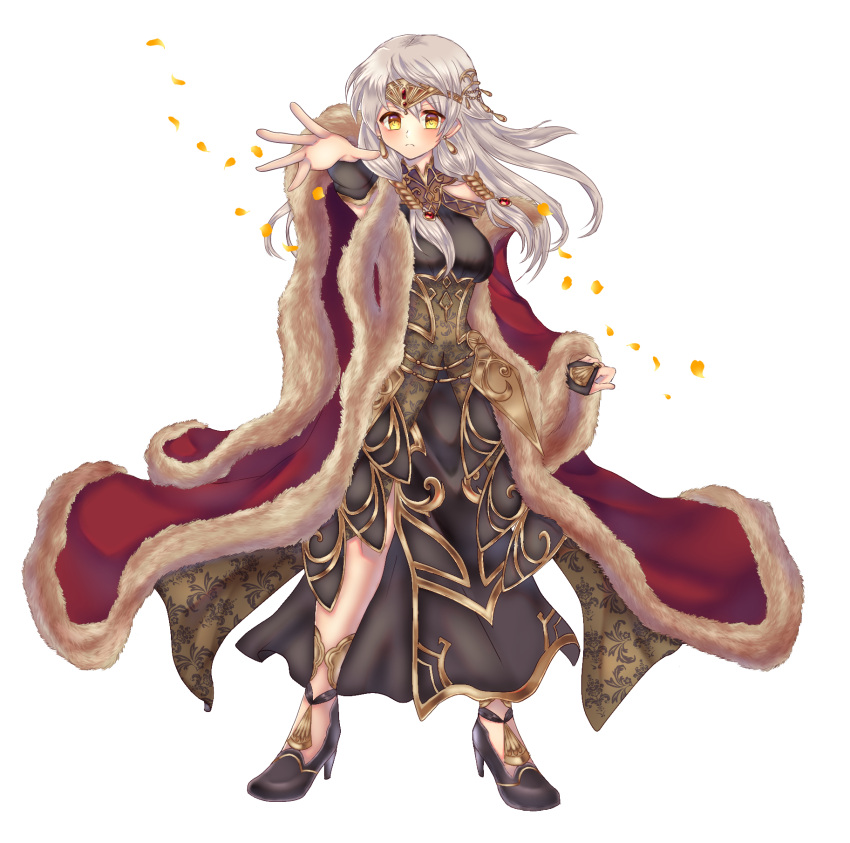 1girl bangs black_dress black_gloves bridal_gauntlets circlet coat dress earrings fire_emblem fire_emblem:_radiant_dawn fire_emblem_cipher fire_emblem_heroes full_body fur-trimmed_coat fur_trim gau_fe gloves half_updo high_heels highres jewelry long_hair looking_at_viewer micaiah_(fire_emblem) outstretched_arm petals serious side_slit silver_hair simple_background solo white_background yellow_eyes