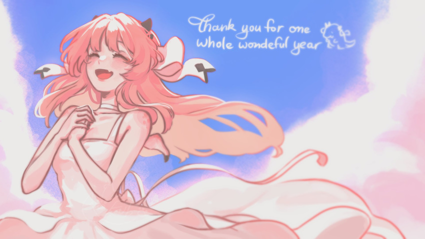 1girl ^_^ atelier_live blush breasts choker closed_eyes clouds collarbone dragon_girl dragon_horns dress english_commentary english_text fang floating_hair fubkzm highres horns kuzuryu_io long_hair open_mouth own_hands_together skin_fang sky small_breasts smile solo thank_you virtual_youtuber white_choker white_dress
