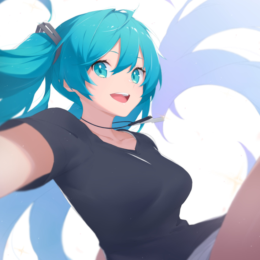 1girl :d bangs black_shirt blue_eyes blue_hair breasts collarbone commentary english_commentary eyebrows_visible_through_hair fhang hair_between_eyes hatsune_miku long_hair looking_at_viewer shirt short_sleeves simple_background small_breasts smile solo teeth twintails upper_teeth very_long_hair vocaloid white_background