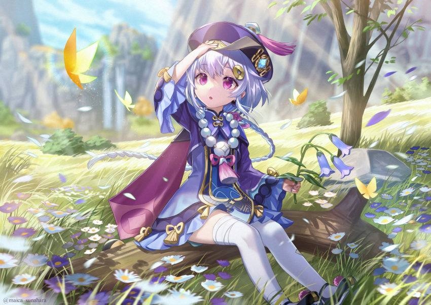 1girl bangs bead_necklace beads black_footwear braid braided_ponytail bug butterfly coin_hair_ornament flower genshin_impact grass hand_on_headwear hat highres holding holding_flower jewelry jiangshi maica_sunahara necklace ofuda outdoors pink_eyes purple_headwear qing_guanmao qiqi_(genshin_impact) sitting talisman thigh-highs tree white_legwear wide_sleeves yellow_butterfly
