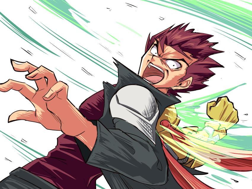 1boy absurdres brown_hair cougar_(cougar1404) gloves highres kazuma_(scryed) looking_at_viewer male_focus open_mouth power_fist redhead scryed shirt simple_background solo spiky_hair white_background