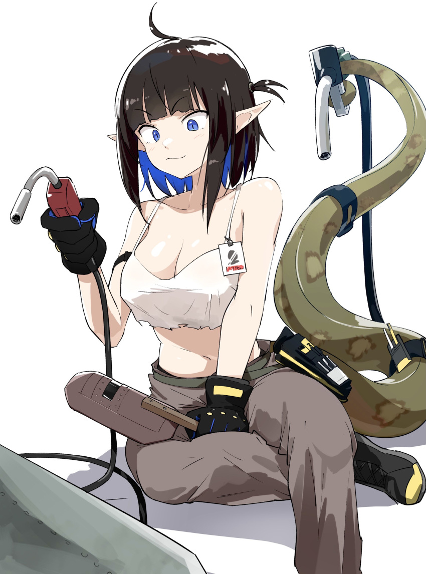 1girl absurdres ahoge arknights bangs bare_shoulders black_hair blue_eyes blue_hair blunt_bangs breasts camisole closed_mouth crop_top drawdrawdeimos eunectes_(arknights) eunectes_(forgemaster)_(arknights) eyebrows_visible_through_hair gas_pump_nozzle gloves highres long_tail multicolored_hair navel official_alternate_costume pants pointy_ears prehensile_tail short_hair snake_tail solo tail two-tone_hair welding_mask