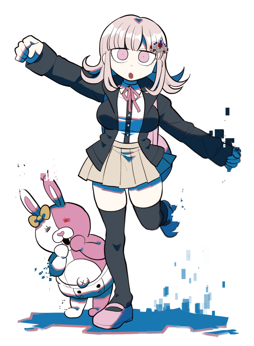 1girl :o backpack bag bangs black_jacket black_legwear black_shirt breasts brown_skirt collared_shirt commentary_request danganronpa_(series) danganronpa_2:_goodbye_despair diaper digital_dissolve dress_shirt flipped_hair furukawa_(yomawari) galaga hair_ornament hairclip highres jacket large_breasts light_brown_hair long_sleeves looking_at_viewer medium_hair monomi_(danganronpa) nanami_chiaki open_mouth outstretched_arms over-kneehighs pink_eyes pink_footwear pleated_skirt ribbon shirt shirt_tucked_in skindentation skirt spaceship_hair_ornament thigh-highs white_shirt zettai_ryouiki