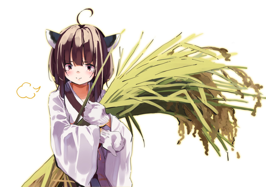 1girl ahoge bangs brown_eyes brown_hair closed_mouth commentary_request eyebrows_visible_through_hair gloves headgear japanese_clothes kimono lamb_(hitsujiniku) long_sleeves looking_at_viewer object_hug simple_background smile solo touhoku_kiritan voiceroid white_background white_gloves white_kimono wide_sleeves