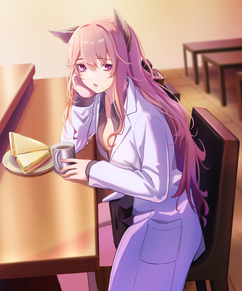 1girl 3_small_spiders absurdres animal_ear_fluff animal_ears breasts eyebrows_visible_through_hair food girls'_frontline_neural_cloud girls_frontline grey_shirt hand_on_head hand_on_table highres long_hair looking_at_viewer open_clothes open_mouth open_robe persica_(girls'_frontline) persicaria_(girls'_frontline_nc) pink_hair robe shirt sitting solo table violet_eyes white_robe
