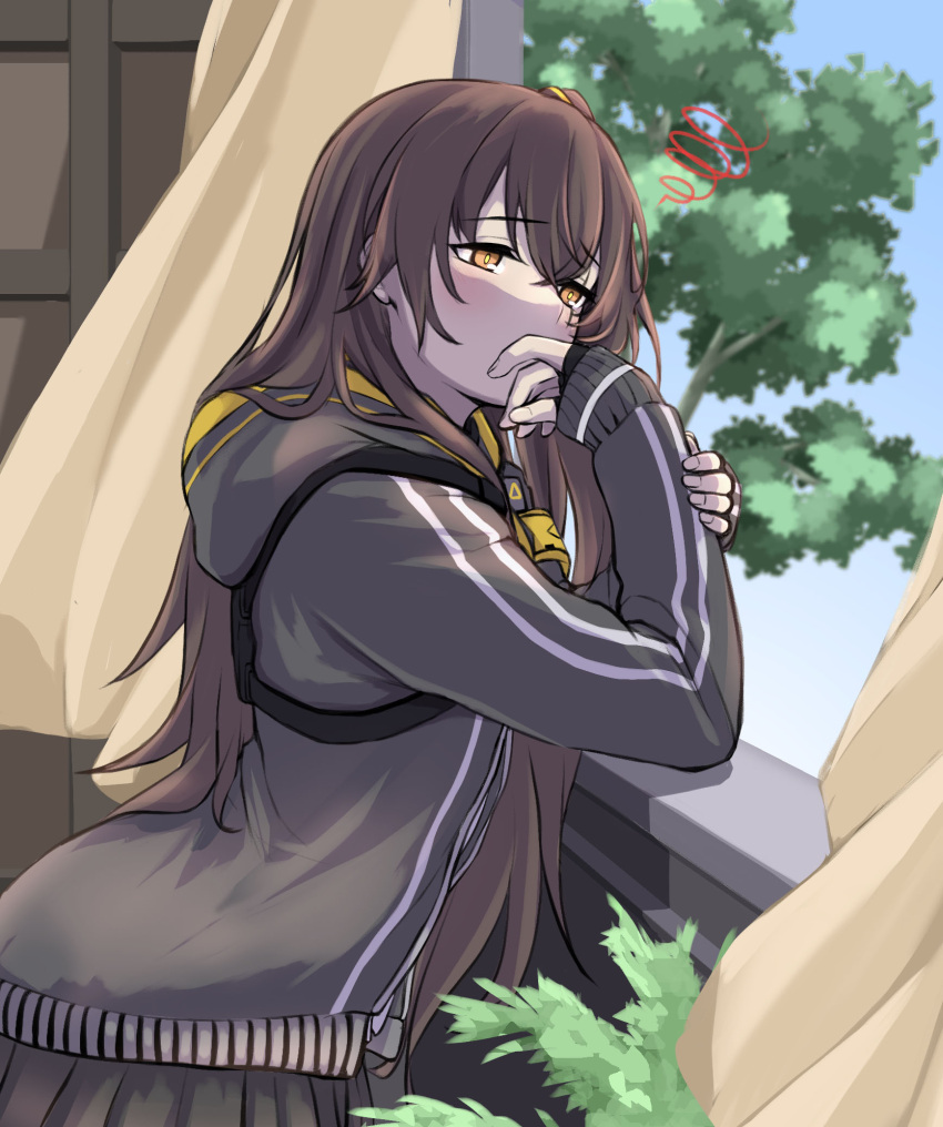 1girl 3_small_spiders bangs black_skirt blush brown_hair covering_mouth eyebrows_visible_through_hair girls_frontline grey_jacket highres hood hooded_jacket jacket long_hair looking_away side_ponytail simple_background skirt solo tree ump45_(girls'_frontline) upper_body window yellow_eyes