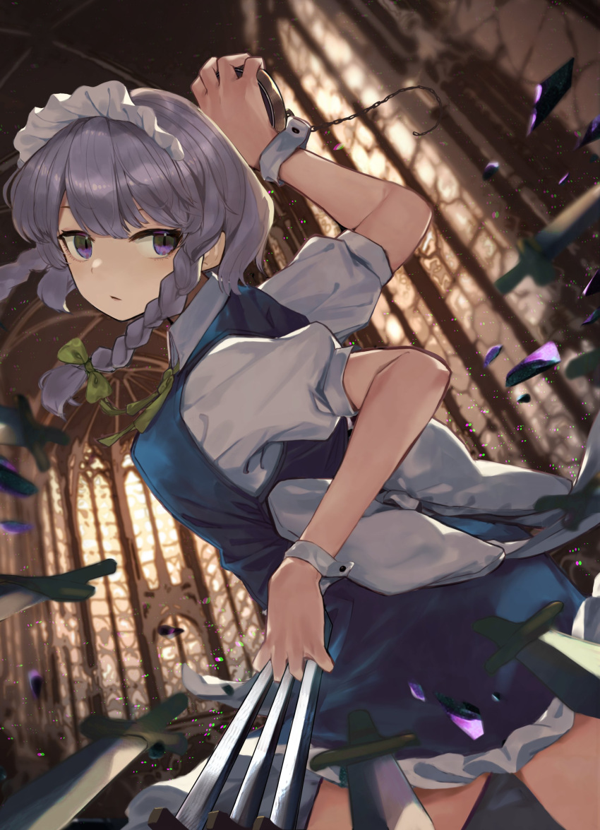 1girl :/ absurdres alternate_eye_color apron back_bow between_fingers blue_dress bow braid collared_shirt commentary_request dress expressionless frilled_dress frills green_neckwear green_ribbon hair_ribbon highres holding holding_knife izayoi_sakuya knife knives_between_fingers kurowa_(curowa) looking_to_the_side maid maid_apron maid_headdress pocket_watch puffy_short_sleeves puffy_sleeves ribbon shards shirt short_sleeves silver_hair slit_pupils solo standing touhou tress_ribbon twin_braids upper_body violet_eyes watch white_shirt window wing_collar wrist_cuffs