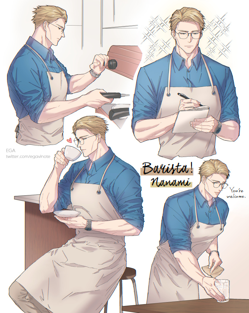 1boy absurdres apron artist_name barista blonde_hair blue_shirt character_name cheekbones closed_eyes cooking cup drinking ega_(egavinote) english_text glasses green_eyes heart highres jujutsu_kaisen male_focus multiple_views muscular nanami_kento paper pen shirt sitting sparkle stool table twitter_username watch watch web_address white_background writing