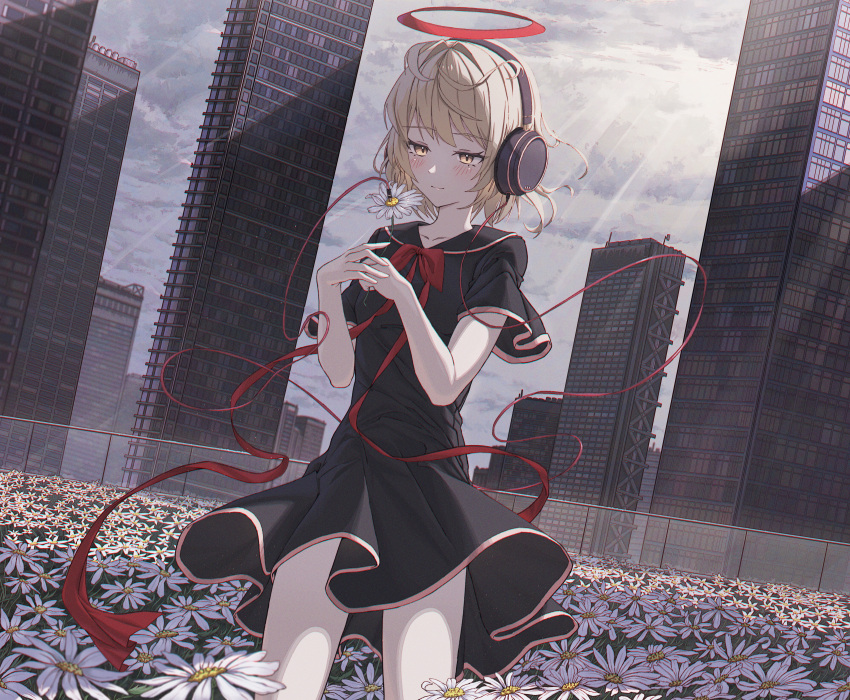 1girl absurdres audio_jack bangs black_dress blonde_hair bow bowtie building cable city closed_mouth clouds cloudy_sky day dress flower halo headphones highres holding holding_flower light_blush light_smile original outdoors ribbon school_uniform short_hair sky skyscraper solo standing sunlight yellow_eyes yozora_(1wkdgusdn)