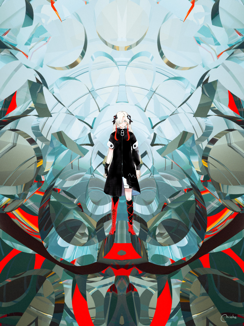 1girl abstract abstract_background absurdres asymmetrical_footwear asymmetrical_legwear asymmetrical_sleeves black_coat blue_eyes blush boots coat expressionless fingerless_gloves full_body gloves hair_ornament hair_over_one_eye high_heel_boots high_heels highres isekai_joucho kamitsubaki_studio mittye97 multicolored_hair red_footwear redhead shorts sidelocks single_glove solo two-tone_hair uneven_sleeves virtual_youtuber white_hair white_shorts