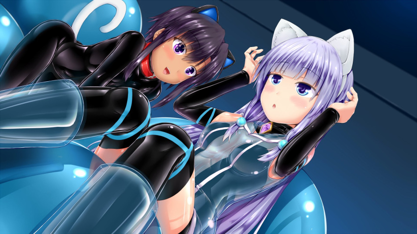 2girls animal_ears bangs black_choker black_dress black_hair black_legwear blue_eyes blush bodysuit cat_ears cat_tail choker collar covered_collarbone dark-skinned_female dark_skin dress eyebrows_visible_through_hair highres indie_virtual_youtuber indoors latex latex_bodysuit latex_dress latex_legwear light_blue_hair long_hair mitsuki_awano multiple_girls navel original red_collar sheer_bodysuit shiny shiny_clothes shouyan skin_tight tail thigh-highs violet_eyes virtual_youtuber