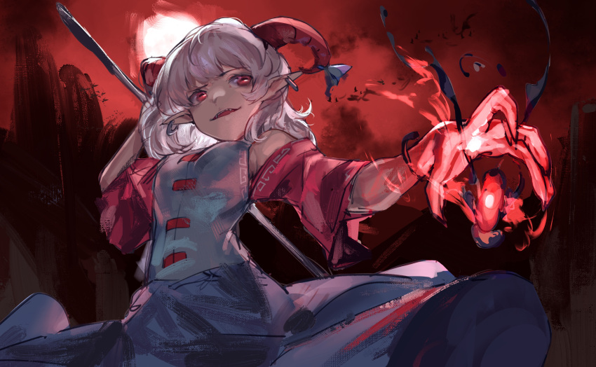 1girl absurdres bangs cowboy_shot dress earrings highres horns jewelry looking_at_viewer open_mouth oversized_object pointy_ears red_eyes red_sleeves sharp_teeth short_hair solo standing symbol-only_commentary teeth touhou touhou_gouyoku_ibun toutetsu_yuuma wb_yimo white_hair