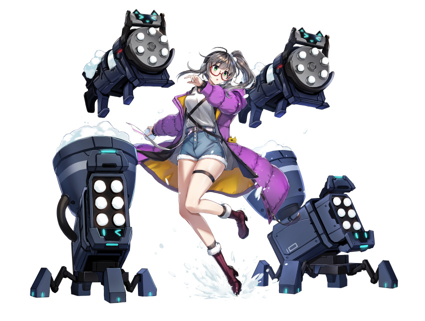 1girl absurdres alpha_transparency alternate_costume belt belt_buckle buckle cellphone counter_side earmuffs eyebrows_visible_through_hair full_body glasses green_eyes highres kim_sobin long_sleeves machine official_alternate_costume official_art open_mouth phone pocket red-framed_eyewear shorts smartphone snow transparent_background