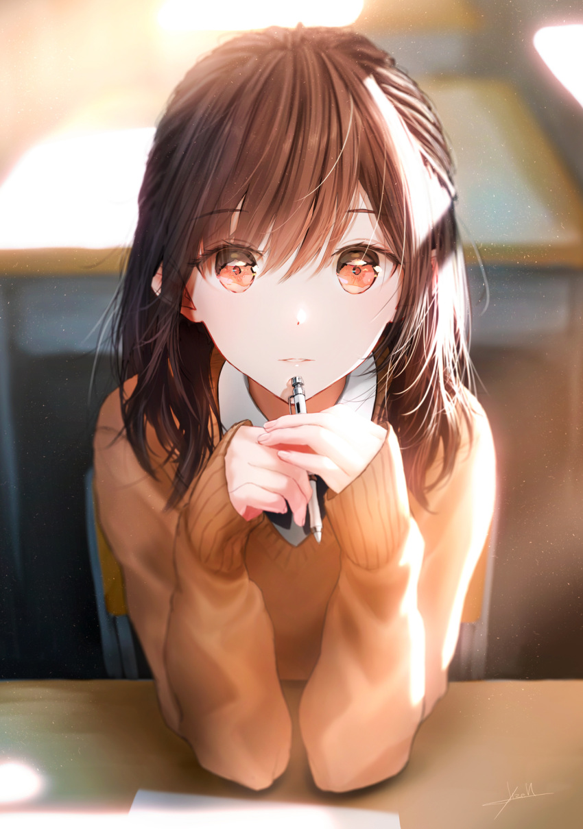 1girl :d bangs black_hair brown_eyes elbows_on_table eyebrows_visible_through_hair highres holding holding_pencil long_hair looking_at_viewer mechanical_pencil ojay_tkym open_mouth original paper pencil sitting smile sunlight sweater table