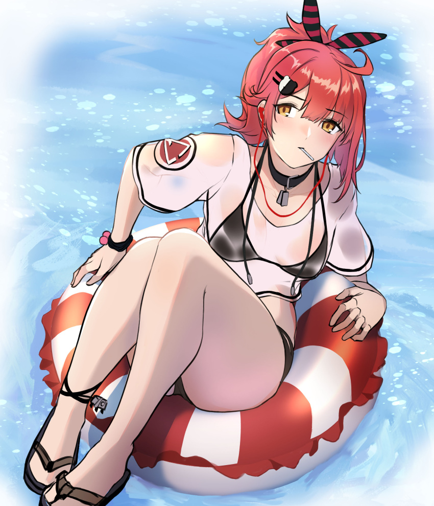 1girl 3_small_spiders absurdres bangs bare_legs bikini black_bikini black_choker black_swimsuit blush bracelet breasts candy choker closed_mouth commentary_request eyebrows_visible_through_hair food girls_frontline hair_ornament hair_ribbon highres jewelry legs lifebuoy lollipop long_hair looking_at_viewer lying medallion mp7_(girls'_frontline) necklace orange_eyes redhead ribbon sandals sitting small_breasts solo swimsuit thighs water