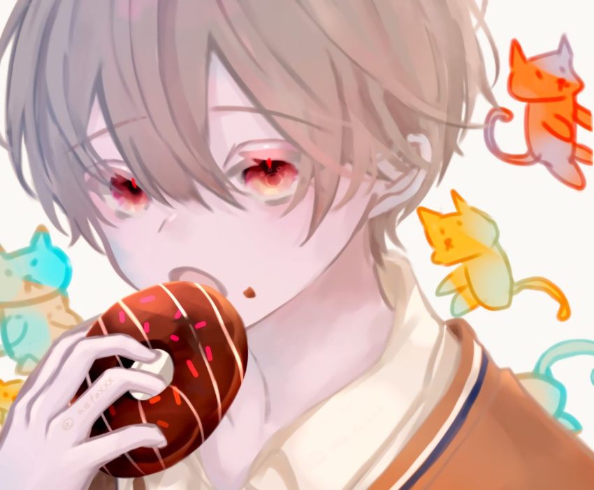 1boy 4ino_(shiino) arm_up brown_hair collared_shirt doughnut eating eyebrows_visible_through_hair food food_on_face highres holding holding_food looking_at_viewer male_focus open_mouth original red_eyes shirt short_hair solo upper_body white_background