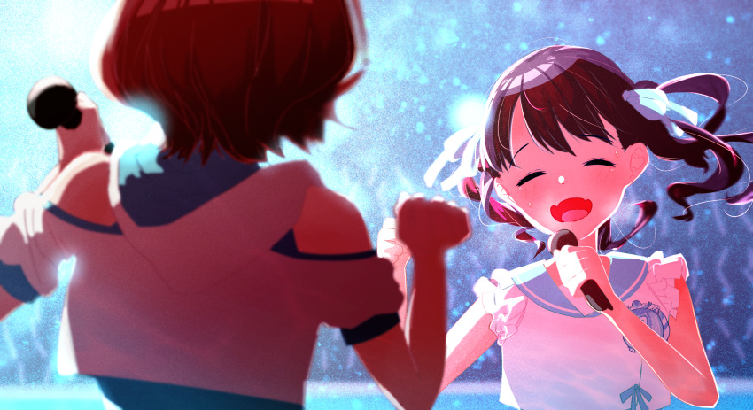 2girls absurdres black_hair blue_ribbon blurry blurry_foreground brown_hair clenched_hand closed_eyes commentary_request concert fangs fukumaru_koito hair_ribbon highres higuchi_madoka holding holding_microphone idolmaster idolmaster_shiny_colors medium_hair microphone multiple_girls music noctchill_(idolmaster) open_mouth ribbon short_hair singing skin_fangs sweat twintails upper_body yamato_cogane