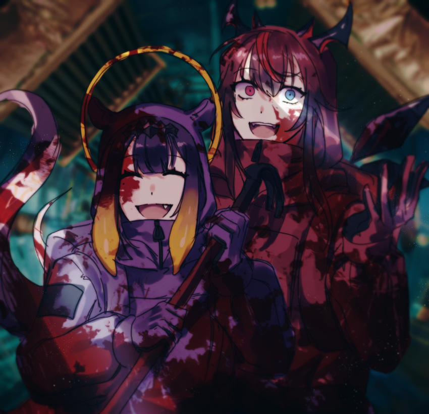 among_us bangs blood blood_splatter blue_eyes blunt_bangs crowbar e2_ch_a gradient_hair heterochromia highres holding hololive hololive_english horns irys_(hololive) long_hair multicolored_hair multiple_girls ninomae_ina'nis open_mouth pointy_ears purple_hair spacesuit tentacle_hair tentacles violet_eyes virtual_youtuber