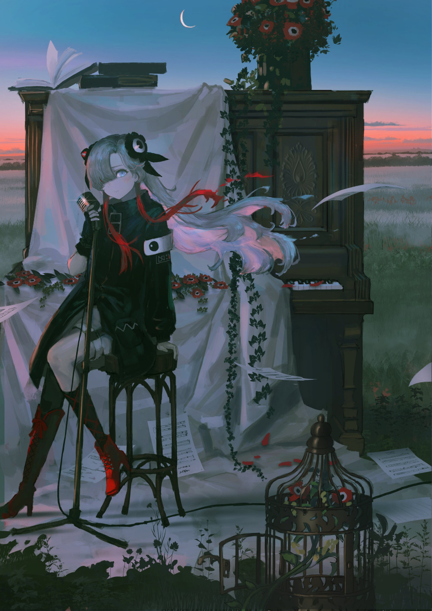 1girl absurdres asymmetrical_footwear asymmetrical_sleeves birdcage black_coat blue_eyes book boots cage coat crescent_moon dusk field fingerless_gloves flower gloves grey_hair hair_ornament hair_over_one_eye high_heel_boots high_heels highres instrument isekai_joucho kamitsubaki_studio long_hair looking_at_viewer microphone microphone_stand moon multicolored_hair outdoors piano red_footwear redhead sheet_music single_glove sitting solo stool tokiki_(tomok1) twilight two-tone_hair uneven_footwear uneven_sleeves vintage_microphone virtual_youtuber