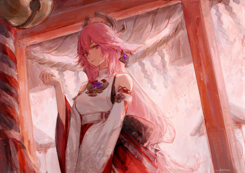 1girl animal_ears bangs bare_shoulders bell detached_sleeves ear_piercing earrings floral_print fox_ears genshin_impact hand_up japanese_clothes jewelry keiuu kimono long_hair looking_at_viewer miko obi piercing pink_hair rope sash shimenawa shrine smile solo standing upper_body violet_eyes vision_(genshin_impact) wide_sleeves yae_(genshin_impact)
