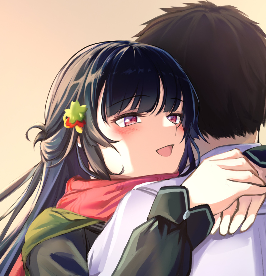 1boy 1girl 3_small_spiders absurdres back bangs black_hair black_shirt blush commander_(girls'_frontline) eyebrows_visible_through_hair girls_frontline highres hug hug_from_behind long_hair looking_up open_mouth red_scarf scarf school_uniform shirt short_hair simple_background type_100_(girls'_frontline) upper_body violet_eyes white_shirt