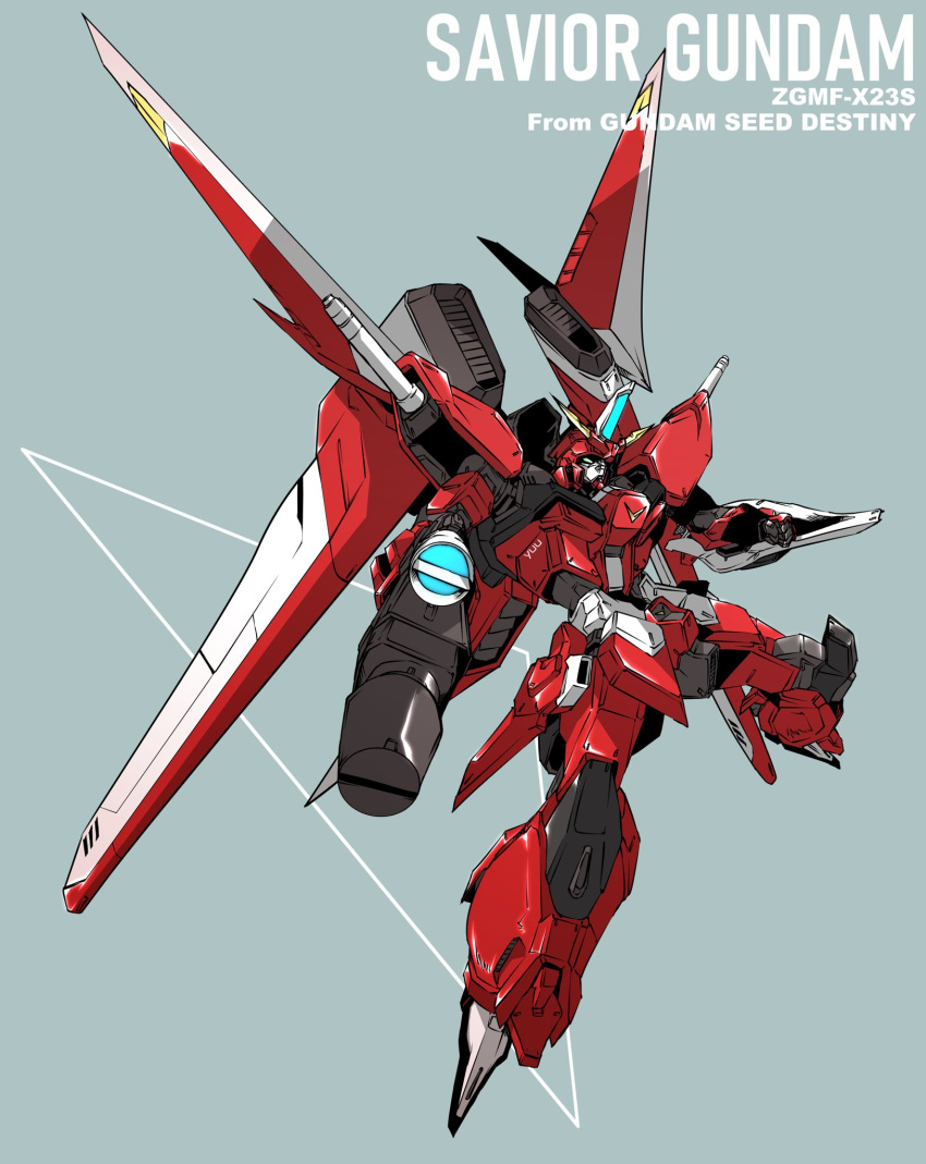 beam_rifle character_name copyright_name energy_gun green_background green_eyes gun gundam gundam_seed gundam_seed_destiny highres holding holding_gun holding_weapon mecha mobile_suit no_humans saviour_gundam solo v-fin weapon yuu_(s_graphics_tri)