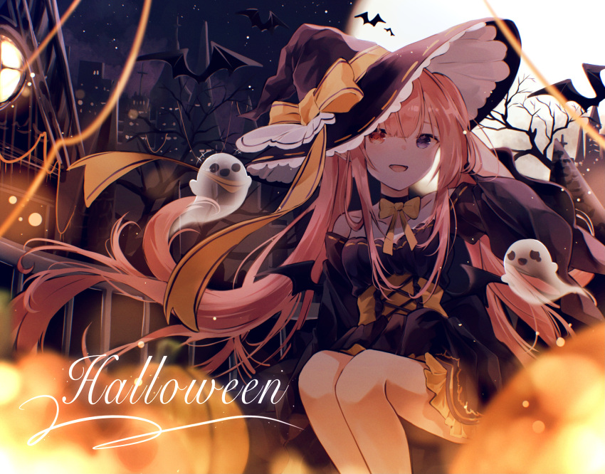 1girl arm_behind_head bangs bare_tree bat blue_eyes bow bowtie breasts building cross detached_sleeves dress english_text fang feet_out_of_frame frilled_dress frilled_hat frills full_moon gate ghost halloween hat hat_bow heterochromia highres long_hair long_sleeves medium_breasts miyu_(miy_u1308) moon night open_mouth orange_eyes orange_hair original outdoors pumpkin sitting solo tree very_long_hair wide_sleeves witch_hat yellow_neckwear