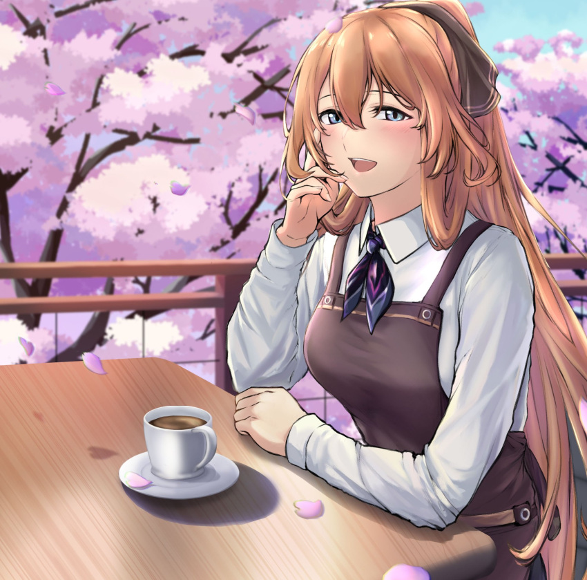 1girl 3_small_spiders apron blue_eyes blush breasts brown_apron brown_ribbon cherry_blossoms coffee coffee_cup collared_shirt commentary_request cup disposable_cup eyebrows_visible_through_hair falling_petals girls_frontline hair_ribbon hand_on_own_face hand_on_table highres long_hair looking_at_viewer medium_breasts open_mouth orange_hair outdoors petals ponytail ribbon shirt sidelocks sitting smile solo springfield_(girls'_frontline) table tree upper_body white_shirt