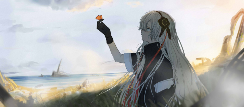 1girl asymmetrical_sleeves black_coat black_gloves blue_eyes bug butterfly butterfly_on_finger clouds coat gloves grey_hair hair_ornament highres isekai_joucho isshiki_(ffmania7) kamitsubaki_studio long_hair multicolored_hair outdoors outstretched_arm profile redhead shipwreck sketch sky smile solo two-tone_hair uneven_sleeves upper_body very_long_hair virtual_youtuber water