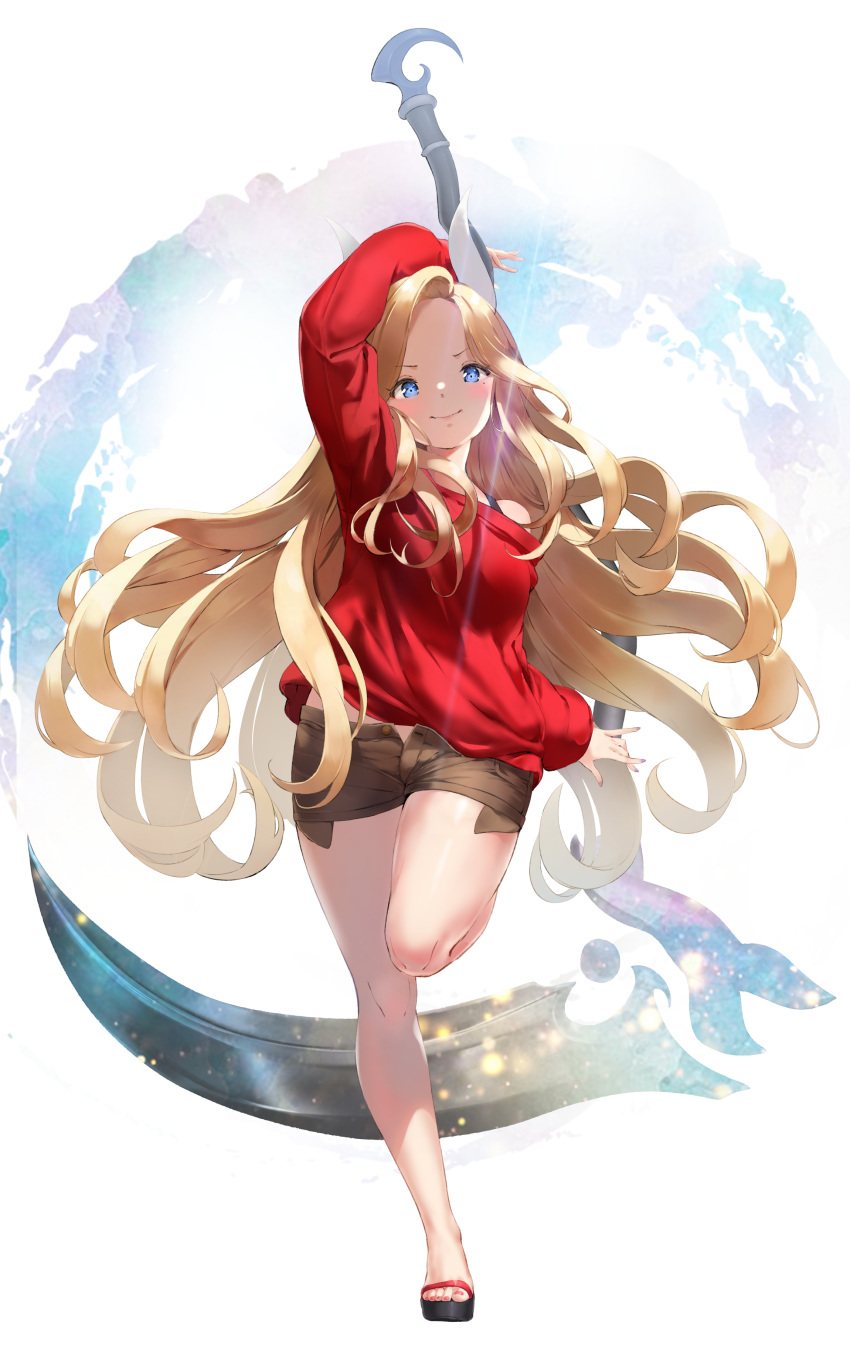 1girl absurdres arm_above_head asymmetrical_bangs bangs bare_legs blade_&amp;_soul blonde_hair blue_eyes blush bra_strap breasts brown_shorts character_request closed_mouth contrapposto exposed_pocket forehead from_below full_body hair_intakes highres keibeam large_breasts leg_up long_hair long_sleeves looking_at_viewer midriff_peek mole mole_under_eye nail_polish off-shoulder_sweater off_shoulder open_fly red_sweater sandals shaded_face short_shorts shorts sickle simple_background smile standing standing_on_one_leg sweater swept_bangs tareme toenail_polish toenails very_long_hair wavy_hair weapon