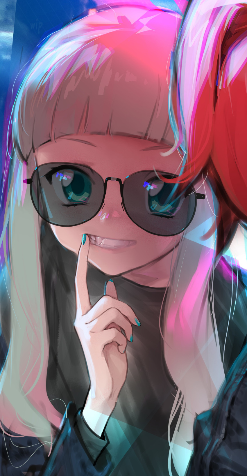 2girls absurdres aikatsu! aikatsu!_(series) aviator_sunglasses bangs black-framed_eyewear black_shirt blonde_hair blunt_bangs clenched_teeth commentary fang from_behind green_eyes green_nails hand_up highres ichinose_kaede index_finger_raised ll_ryu_ll long_hair long_sleeves looking_at_viewer mouth_pull multiple_girls neon_lights shirt sidelocks smile sunglasses teeth toudou_yurika upper_body