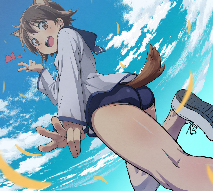 1girl absurdres animal_ears ass bangs bare_legs blue_sky blush brown_eyes brown_hair clouds commentary_request day from_below heart highres jabittoson leg_up long_sleeves looking_at_viewer looking_back miyafuji_yoshika open_mouth outdoors school_swimsuit school_uniform short_hair sky smile solo standing standing_on_one_leg strike_witches swimsuit swimsuit_under_clothes tail uniform v world_witches_series