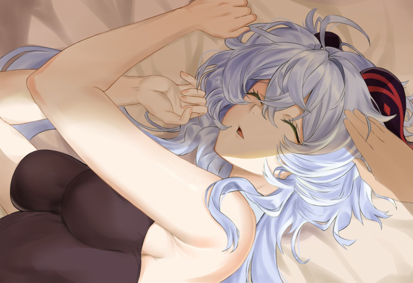 1boy 1girl ahoge altruwishm bangs bed bed_sheet blue_hair breasts closed_eyes curled_horns ganyu_(genshin_impact) genshin_impact hand_on_another's_head headpat horns long_hair low_ponytail medium_breasts no_gloves open_mouth out_of_frame sideboob sidelocks sleeping sleeveless symbol-only_commentary