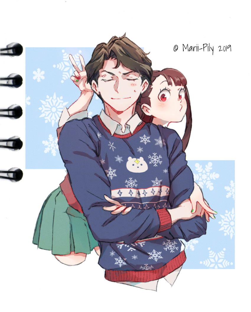 1boy 1girl andrew_hanbridge artist_name asymmetrical_bangs bangs brown_hair christmas christmas_sweater closed_eyes closed_mouth collared_shirt commentary cropped_torso crossed_arms dated green_skirt hetero highres kagari_atsuko leaning_forward little_witch_academia long_hair long_sleeves marii_pily pleated_skirt red_eyes shirt short_hair skirt smile snowflake_background standing sweatdrop v white_shirt