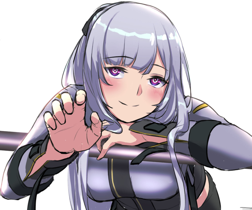 1girl 3_small_spiders ak-12_(girls'_frontline) blush breasts closed_mouth eyebrows_visible_through_hair girls_frontline hand_up highres leaning_forward long_hair looking_at_viewer medium_breasts silver_hair smile solo tactical_clothes uniform upper_body violet_eyes white_background