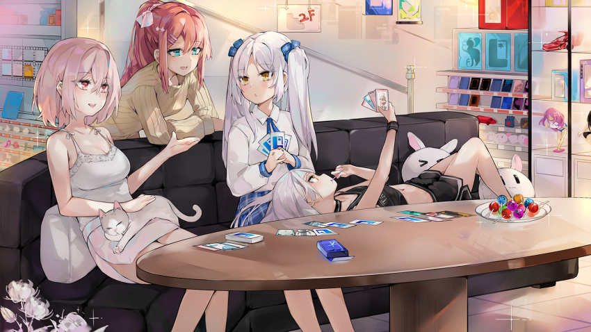 4girls :&lt; :d animal bare_arms bare_shoulders black_shorts blue_eyes blue_skirt brown_sweater camisole candy card cat collared_shirt commentary_request couch crop_top dema_hmw figure food food_in_mouth glint hair_ornament hairclip hand_up highres holding holding_candy holding_card holding_food holding_lollipop indoors lap_pillow lollipop long_hair long_sleeves lying midriff mouth_hold multiple_girls navel on_back on_couch original parted_lips pink_hair plate pleated_skirt ponytail puffy_long_sleeves puffy_sleeves redhead ribbed_sweater school_uniform shirt short_shorts shorts silver_hair sitting skirt smile sweater table teeth tile_floor tiles triangle_mouth two_side_up upper_teeth white_camisole white_shirt white_skirt