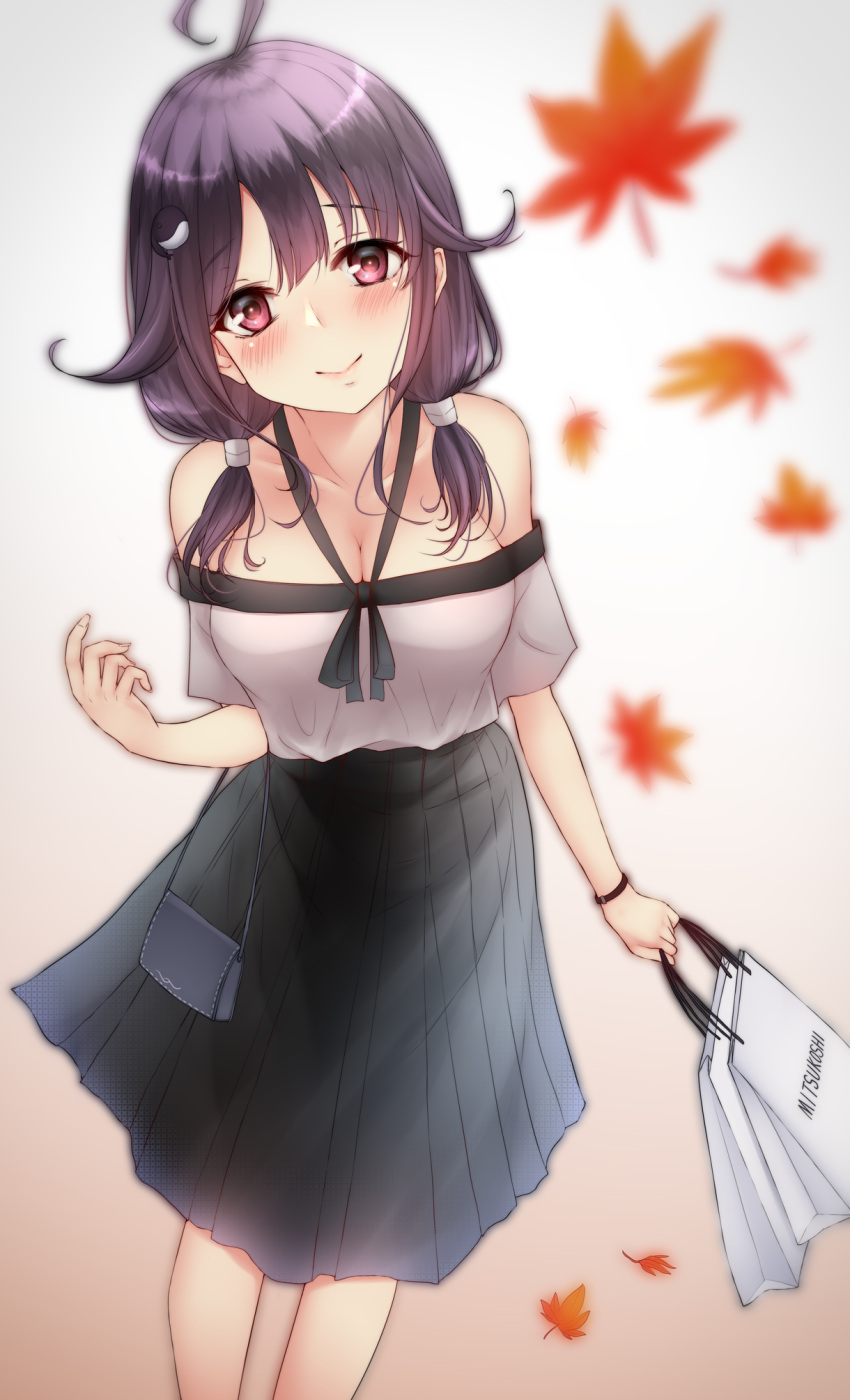 1girl ahoge alternate_costume autumn_leaves bag black_skirt breasts hair_flaps hair_ornament highres kantai_collection large_breasts low_twintails nuka_(nvkka) off-shoulder_shirt off_shoulder pleated_skirt purple_hair red_eyes shirt shopping_bag skirt solo taigei_(kancolle) twintails whale_hair_ornament white_shirt
