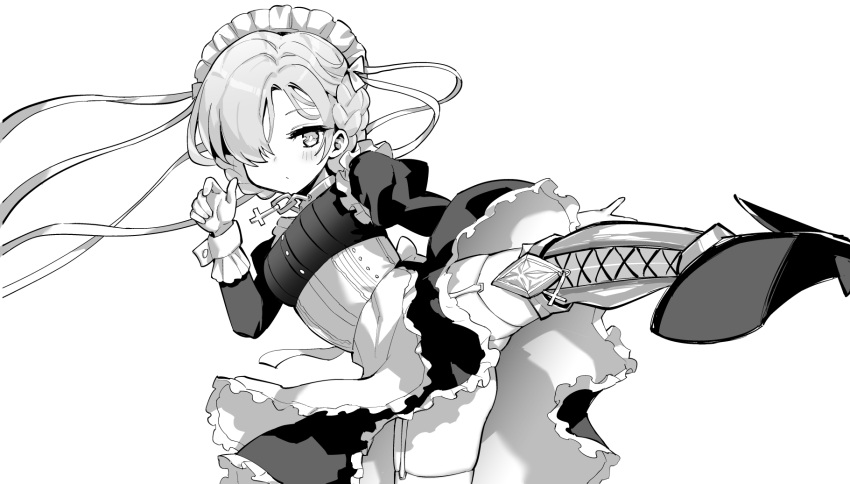 1girl apron azur_lane azur_lane:_slow_ahead boots collar cross-laced_footwear garter_straps greyscale hair_over_one_eye highres hori_(hori_no_su) juliet_sleeves kicking lace-up_boots long_sleeves maid maid_apron maid_headdress metal_collar monochrome official_art puffy_sleeves sheffield_(azur_lane) standing standing_on_one_leg thigh-highs thighhighs_under_boots
