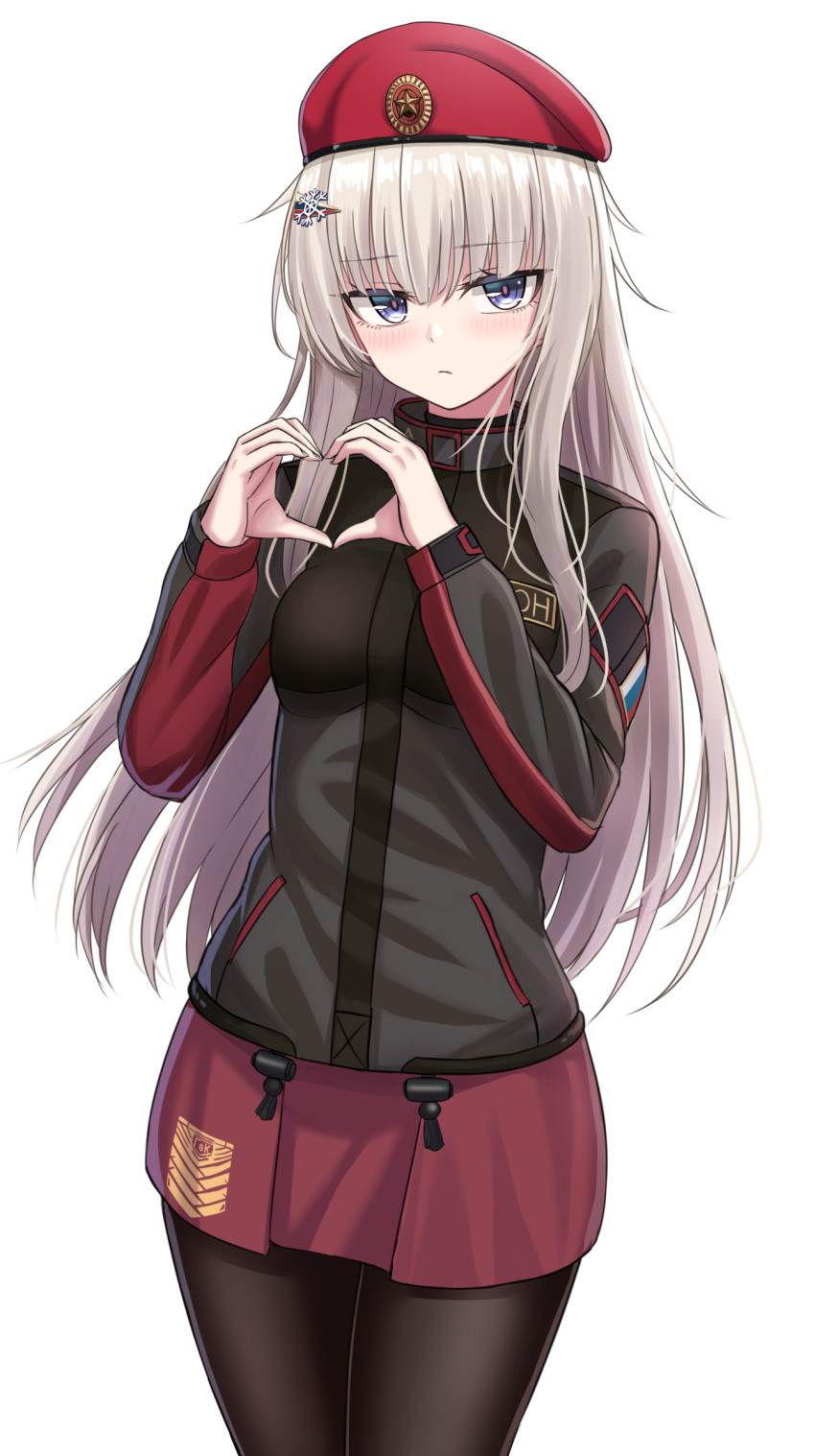 1girl absurdres ak74m_(girls'_frontline) beret black_legwear blue_eyes blush closed_mouth cowboy_shot eyebrows_visible_through_hair girls_frontline hair_between_eyes hair_ornament hat heart heart_hands highres jacket long_hair long_sleeves looking_at_viewer pantyhose red_headwear red_skirt simple_background skirt snowflake_hair_ornament solo white_background yakob_labo