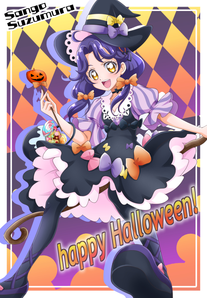 1girl :d ahoge argyle argyle_background black_dress black_headwear black_legwear bow broom broom_riding character_name dress hair_bow hair_intakes hair_ornament halloween hanzou happy_halloween hat hat_bow highres layered_dress long_hair orange_bow pantyhose pinafore_dress precure pumpkin purple_bow purple_hair shiny shiny_hair short_dress short_sleeves smile solo striped_sleeves suzumura_sango tropical-rouge!_precure witch_hat yellow_bow yellow_eyes