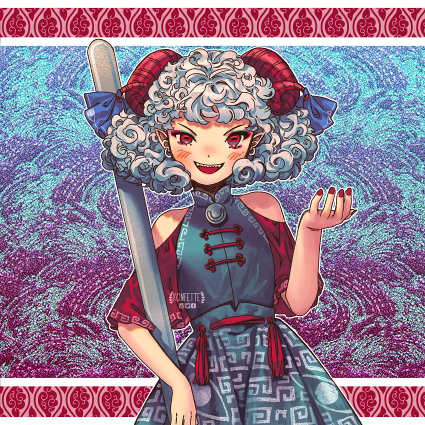 1girl artist_name bangs blue_dress blue_ribbon blush clothing_cutout commentary cowboy_shot curled_horns curly_hair dress earrings hand_up highres holding horizontal_pupils horn_ornament horn_ribbon horns jewelry k0nfette leaning_to_the_side light_blue_hair looking_at_viewer mandarin_collar open_mouth pointy_ears red_eyes red_horns red_nails red_sleeves ribbon sharp_teeth sheep_horns short_hair short_sleeves shoulder_cutout smile solo teeth touhou touhou_gouyoku_ibun toutetsu_yuuma uneven_eyes upper_teeth v-shaped_eyebrows watermark